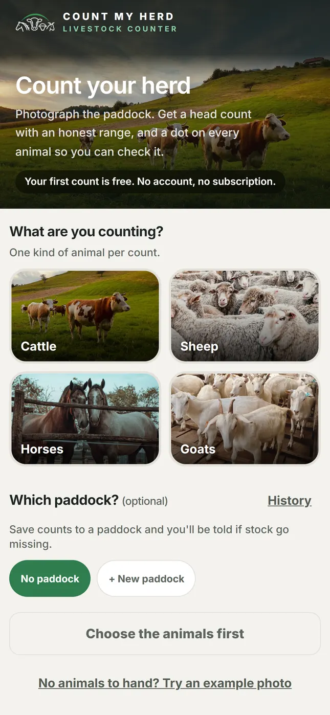 The home screen with photo cards for cattle, sheep, horses and goats