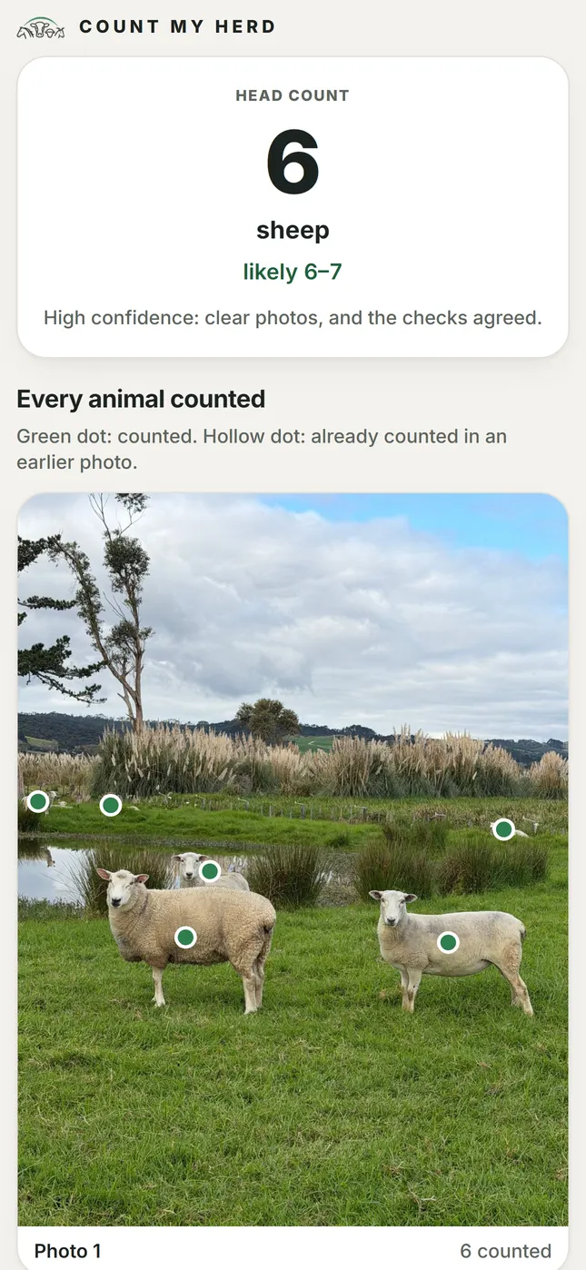 A result of 6 sheep, likely 6 to 7, with a green dot on every sheep in the photo