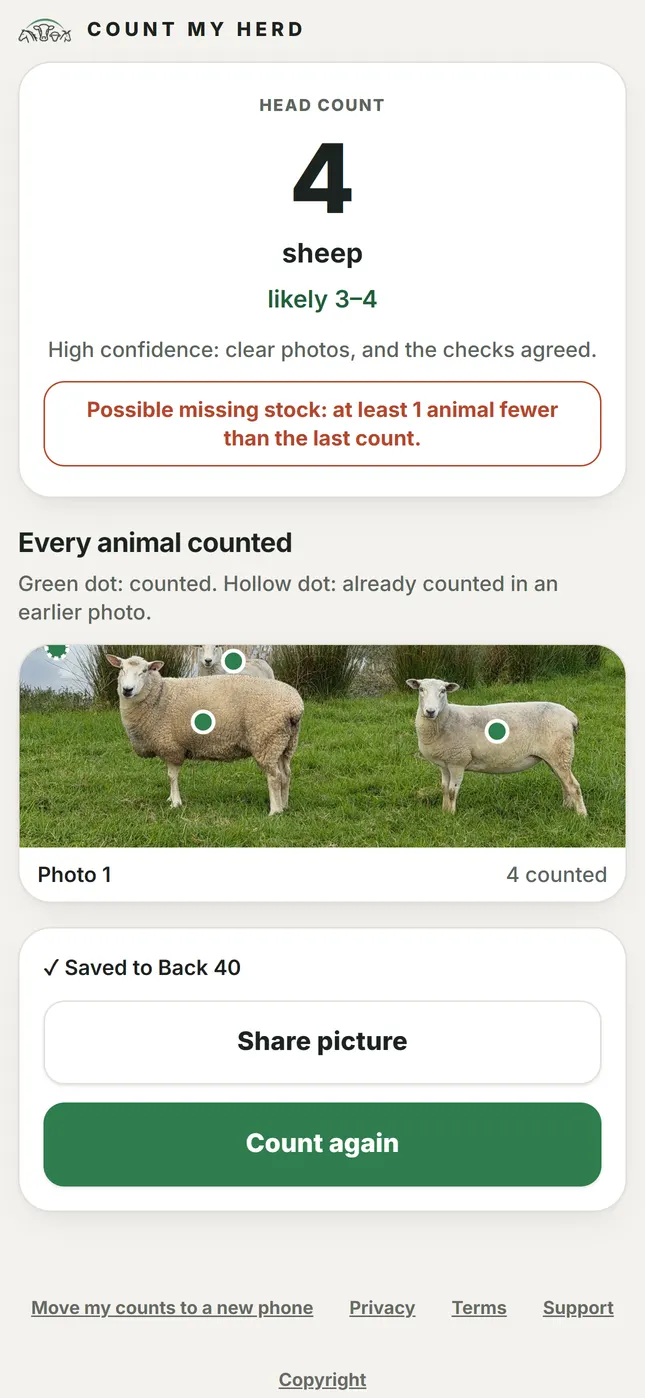 A result of 4 sheep with a warning that at least 1 animal is missing since the last count